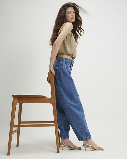 River Island Blue Barrel Jeans Mid Rise Leg Zip Cotton
