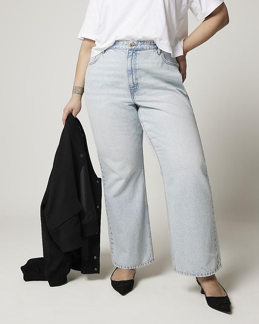 River Island Blue Straight Jeans Plus High Waisted Relaxed Cotton