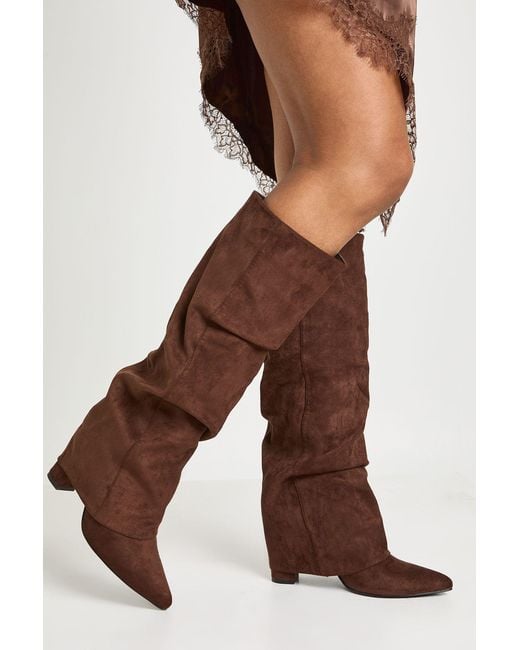 Boohoo Brown Faux Suede Slouchy Knee High Fold Over Boots