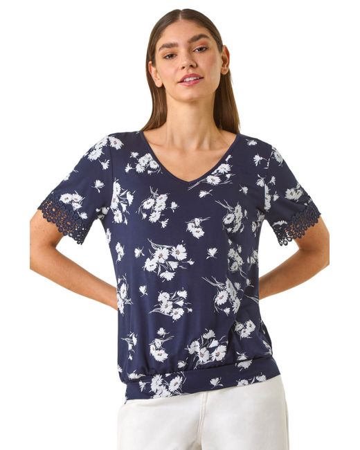 Roman Blue Floral Print V-Neck Lace Stretch Top