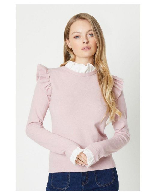 Oasis Pink Ruffle Shoulder Jumper With Frill Neck & Cuff Viscose