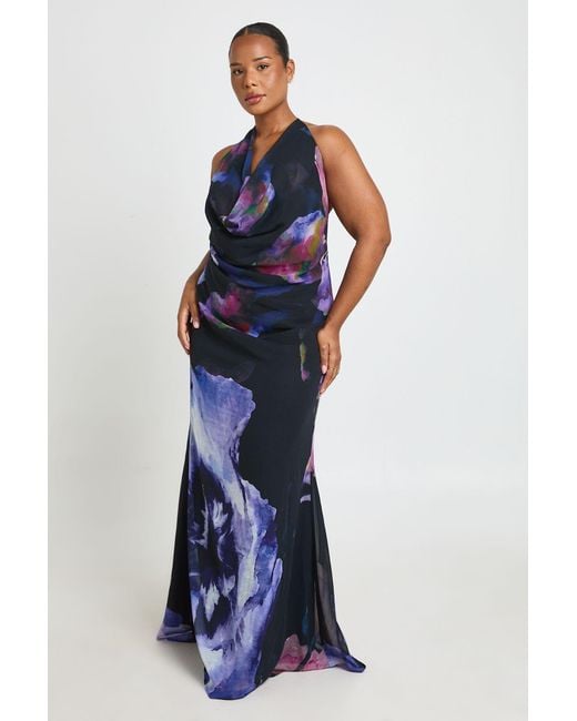 Boohoo Blue Plus Printed Cowl Neck Maxi Dress