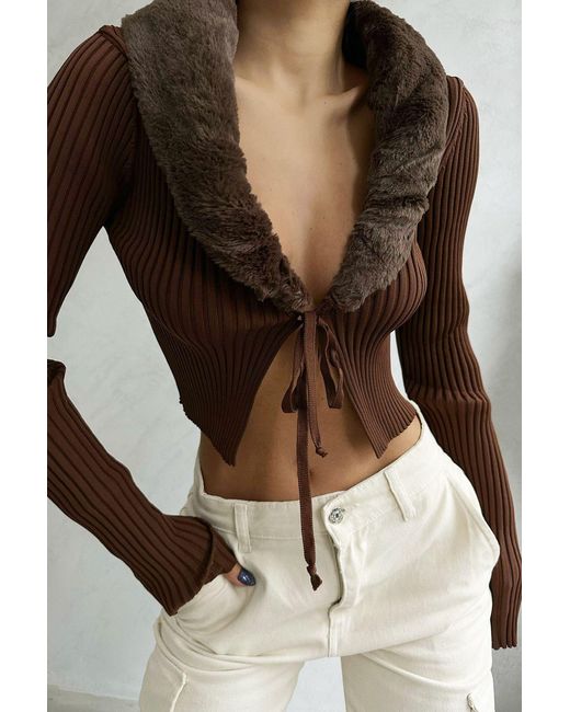 Hiccup Orange V Neck Knitted Lace Up Cropped Blouse With A Faux Fur Trim