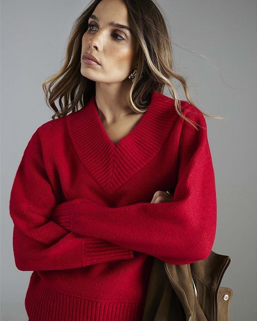 River Island Red Jumper Knitted V-Neck Long Sleeve