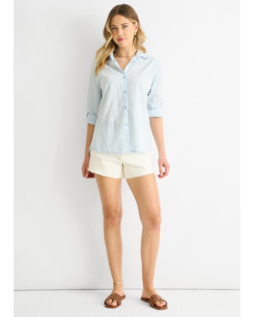 Gini London White Cotton Stripe Roll Up Sleeves Shirt