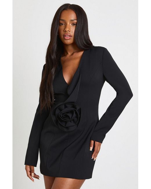Boohoo Black Corsage Detail Plunge Tailored Blazer Dress