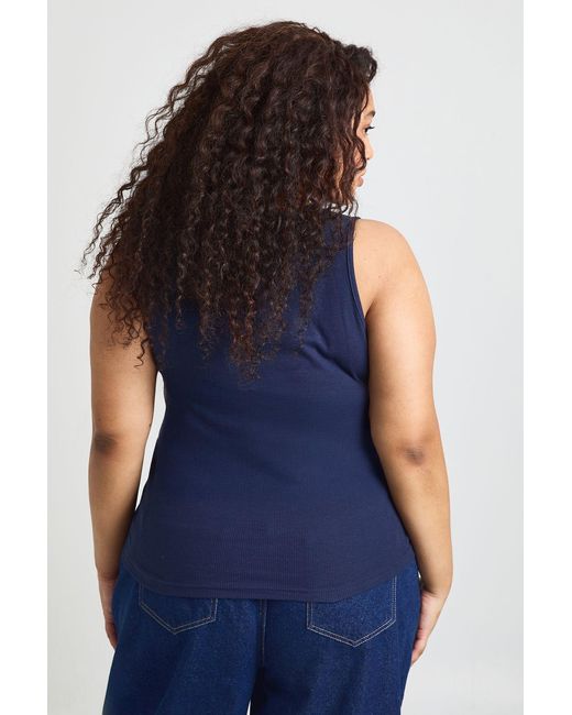 Boohoo Blue Plus Ribbed Contrast Henley Button Vest Top