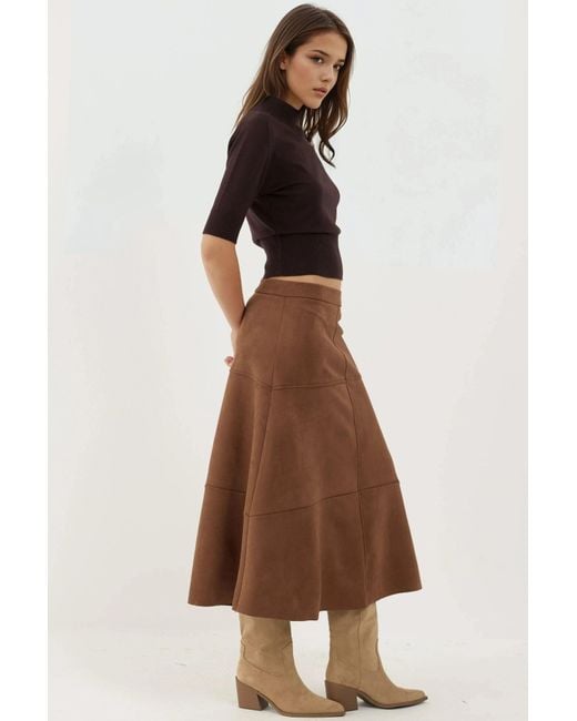 Hiccup Brown High Waist Suede Long Skirt With Zipper Closure