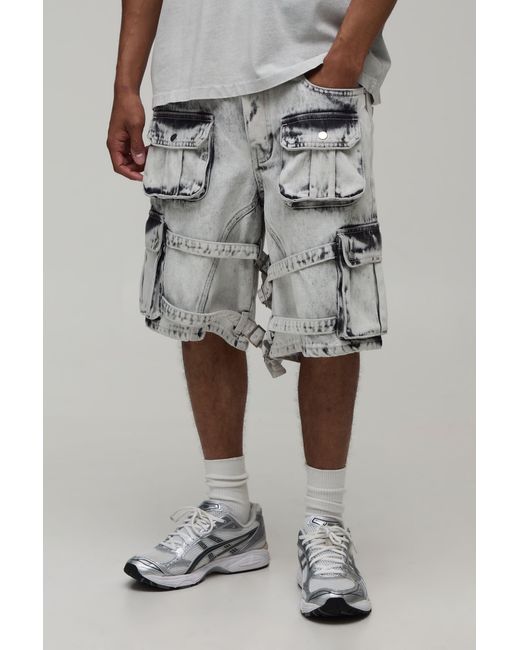 BoohooMAN Gray Parachute Extreme Washed Multi Cargo Jorts for men