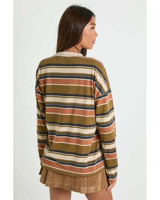 Boohoo Green Striped Cotton Long Sleeve Pocket Detail Top