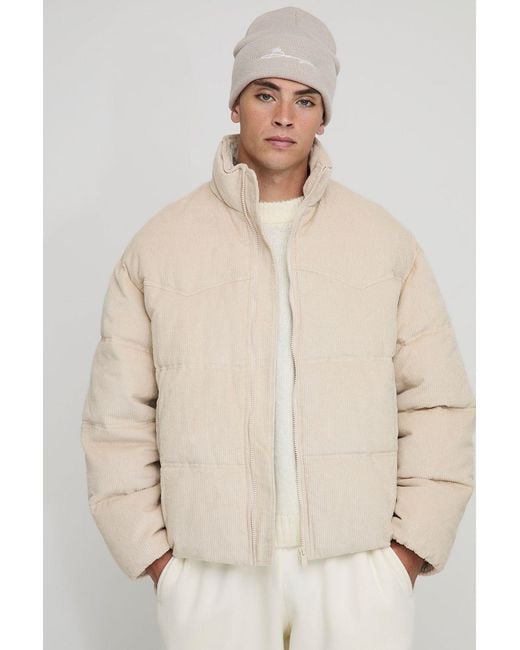 BoohooMAN Natural Regular Fit Western Yoke Detail Cord Funnel Neck Puffer Jacket for men