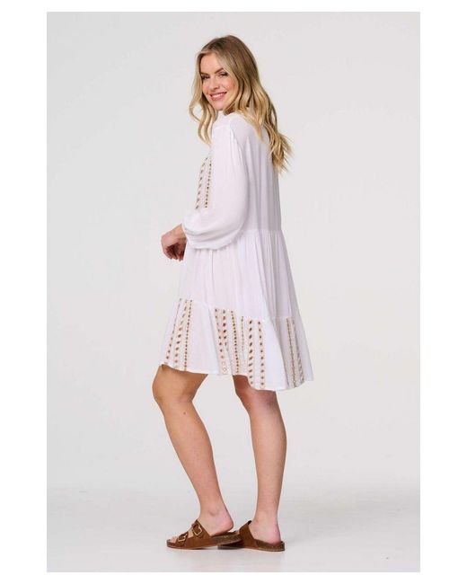 Izabel London White Embroidered V-Neck Tiered Smock Dress