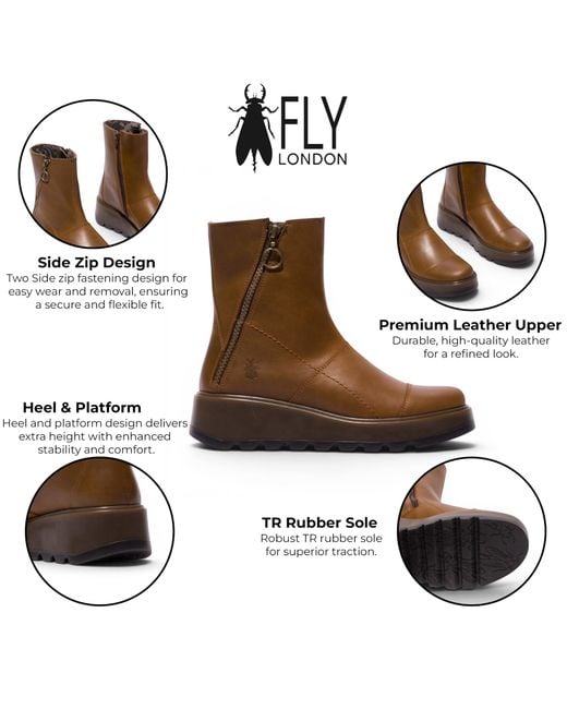 Fly London Brown Leather Zip-Up Platform Ankle Boots