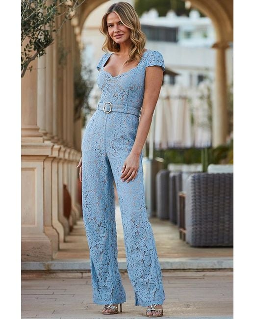Sosandar Blue Petite Powder Luxe Lace Belted Jumpsuit