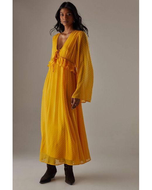 Warehouse Yellow Dobby Chiffon Plunge Neck Ruffle Midi Smock Dress