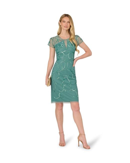 Adrianna Papell Green Studio Bead Mesh Sheath Dress