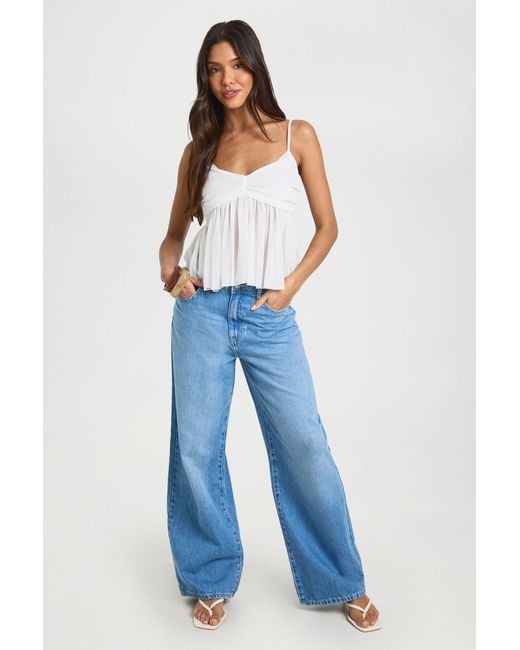 Boohoo Blue Lace Trim Mesh Peplum Cami Top