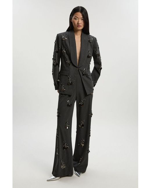Karen Millen Black Cluster Sequin & Crystal Embellished Tailored Wide Leg Trouser
