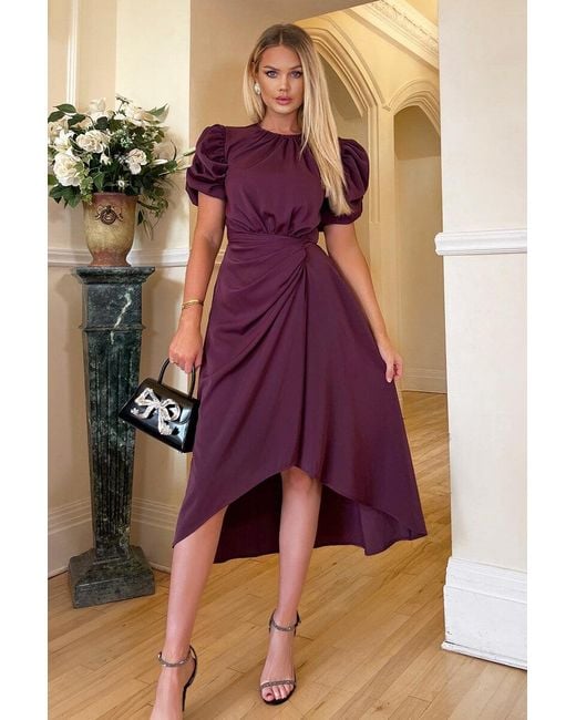AX Paris Purple Plum Short Puff Sleeve Gathered Side Midi Dress