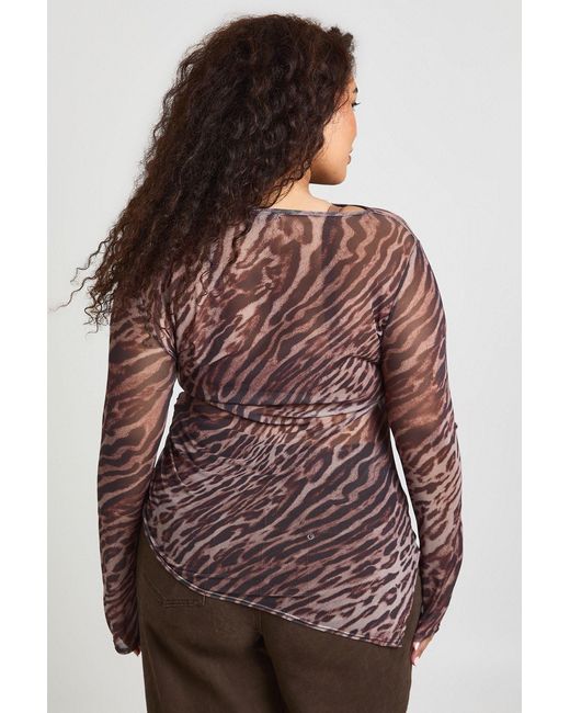 Boohoo Brown Plus Leopard Mesh Asymmetric Top
