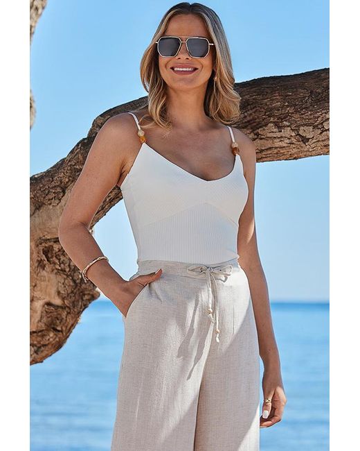 Sosandar Blue Ivory Beaded Strap Jersey Cami Top