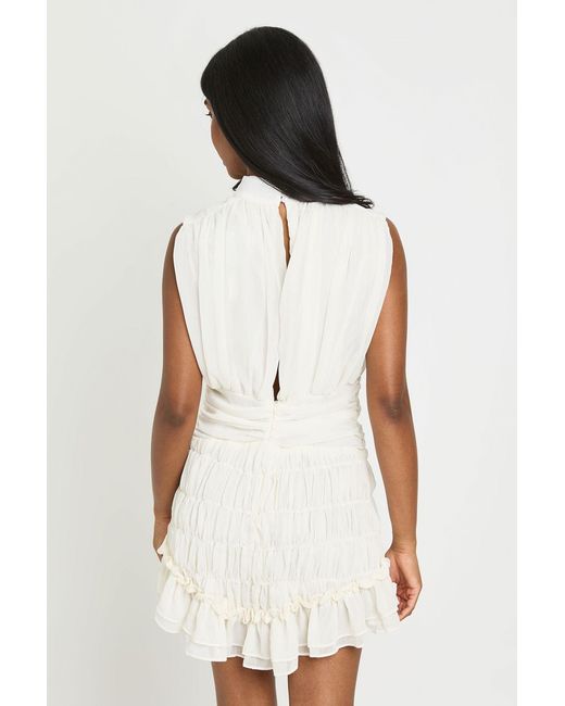 Boohoo White Textured Chiffon High Neck Drop Hem Mini Dress