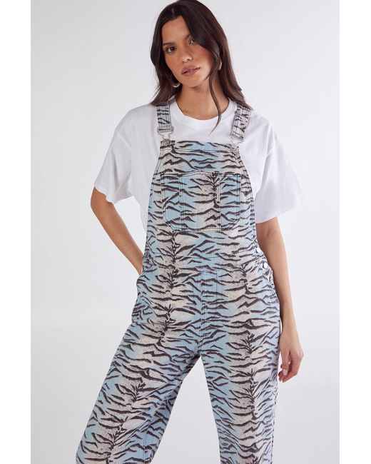 Nasty Gal White Denim Tiger Print Dungarees