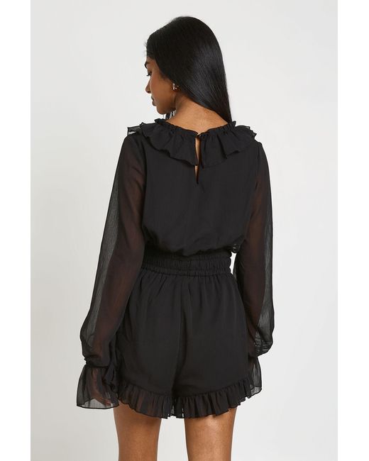 Boohoo Black Ruffle Detail Textured Chiffon Playsuit