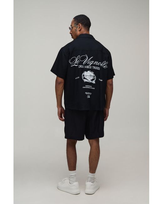 BoohooMAN Blue Back Embroidered Linen Look Oversized Shirt & Short Set for men
