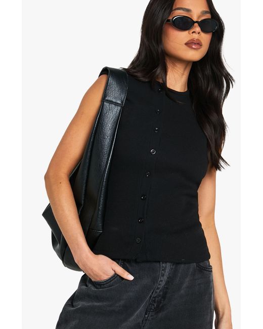 Boohoo Black Heavy Rib Button Through Sleeveless Top