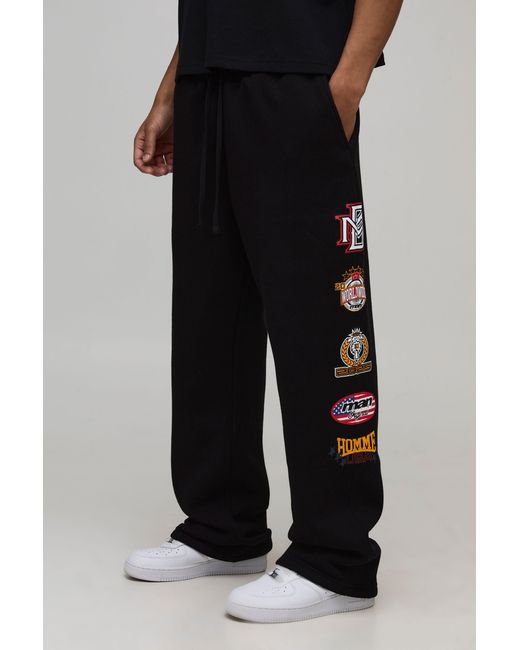 BoohooMAN Black Baggy Fit Varsity Badge Print Joggers for men