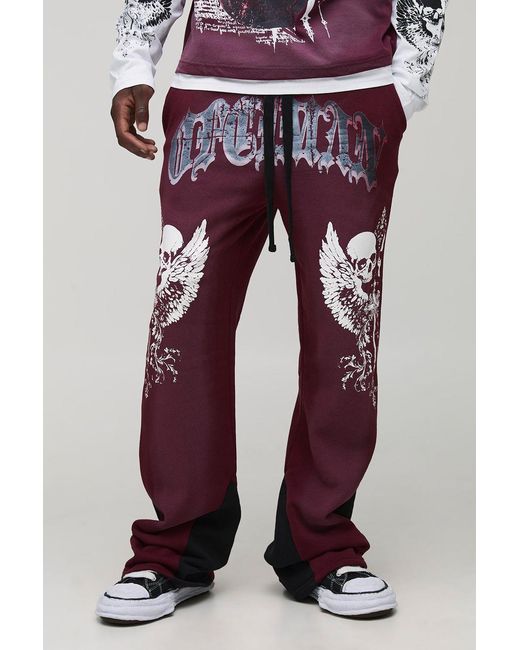 BoohooMAN Blue Tall Relaxed Flare Spray Washed Skull Gusset Jogger for men