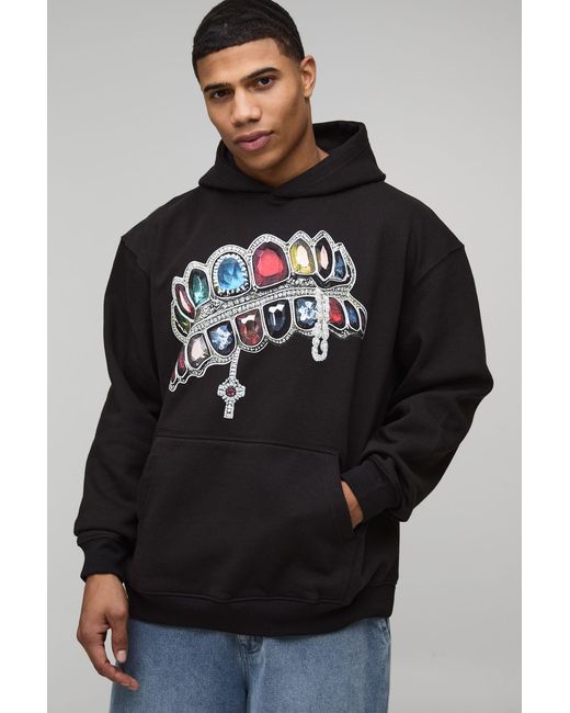 BoohooMAN Black Oversized Diamond Printed Hoodie Cotton for men