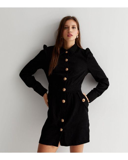 Gini London Black Corduroy Mini Shirt Dress