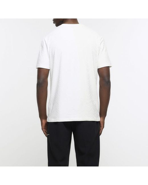 River Island White T-Shirt Regular Textured Embroidered Cotton for men