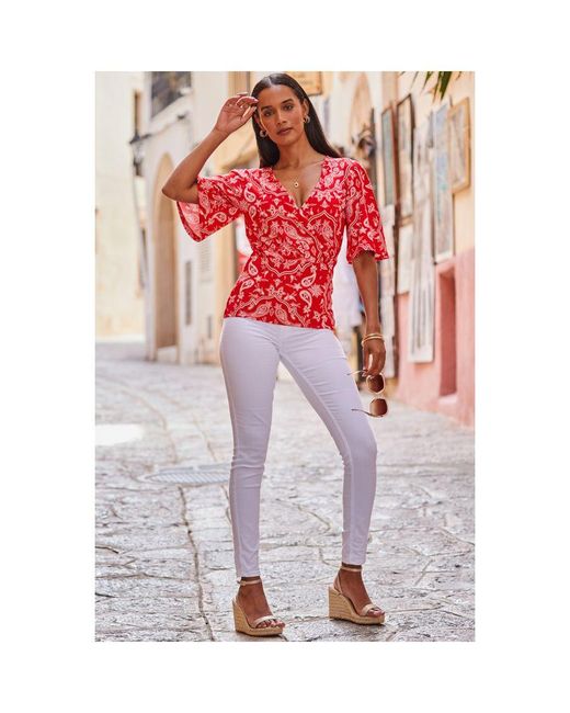 Sosandar Paisley Print Shirred Hem Faux Wrap Jersey Top Viscose