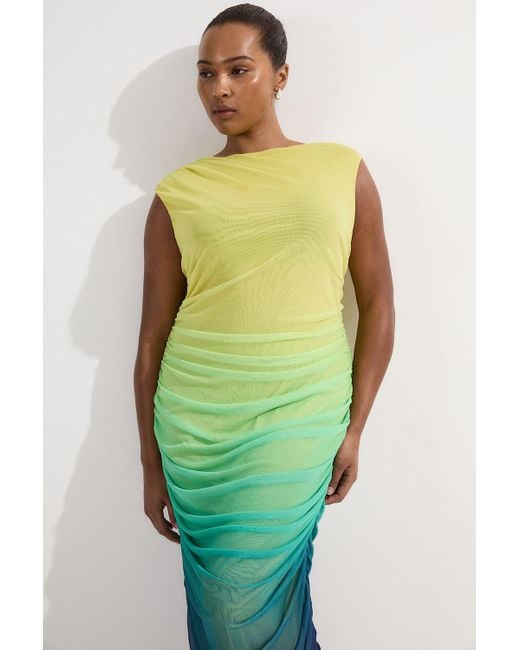 Karen Millen Green Plus Size Sunset Ombre Mesh Ruched Jersey Maxi Dress