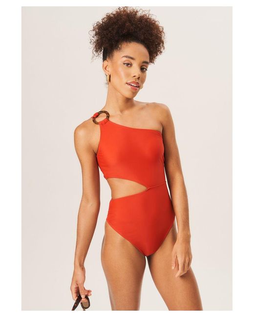 Gini London Red One Shoulder Ring Detail Cutout Swimsuit