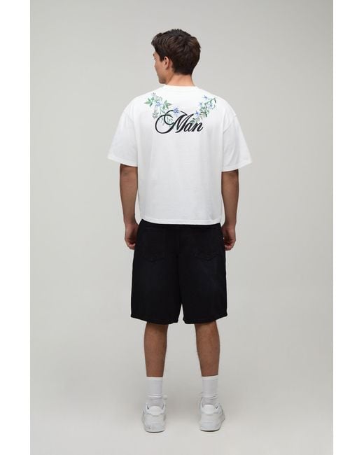 BoohooMAN White Oversized Boxy Floral Embroidered Heavyweight T-Shirt for men