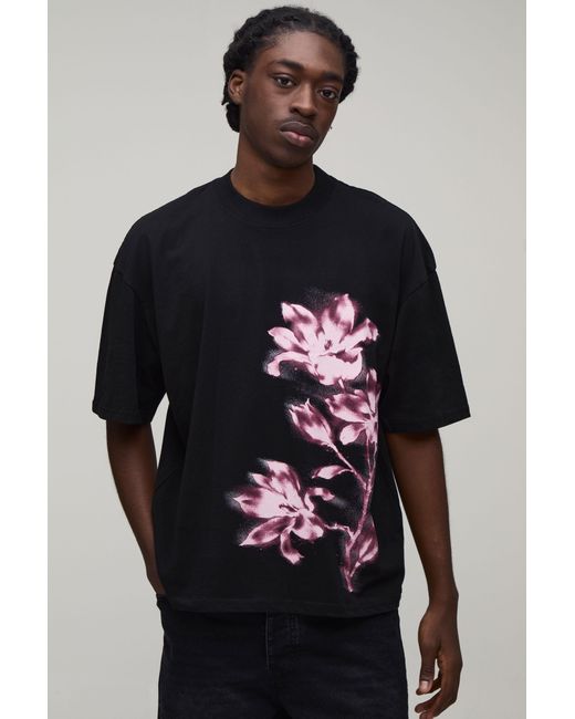 BoohooMAN Blue Oversized Boxy Blurred Floral Print T-Shirt for men