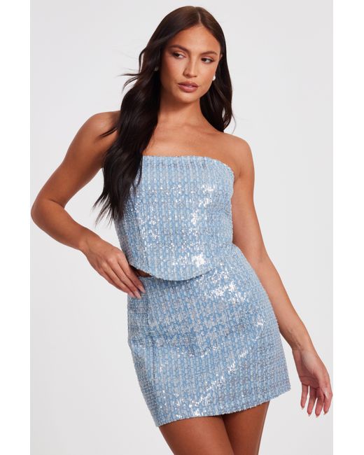 Quiz Blue Sequin Denim Bandeau Top