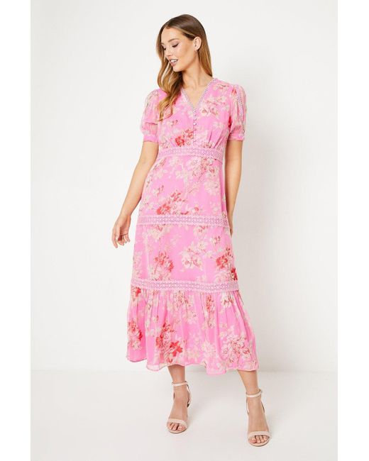 Oasis Pink Paisley Printed Chiffon Lace Insert Midi Tea Dress