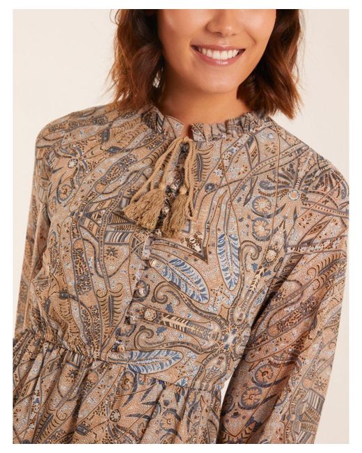 Blue Vanilla Brown Button Through Tassel Peasant Mini Dress