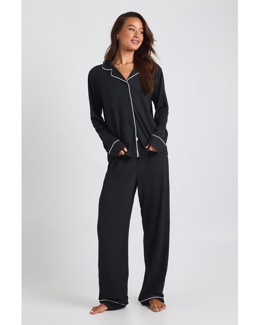 Boohoo Blue Tall Jersey Piping Detail Long Sleeve Shirt & Trousers Pyjama Set