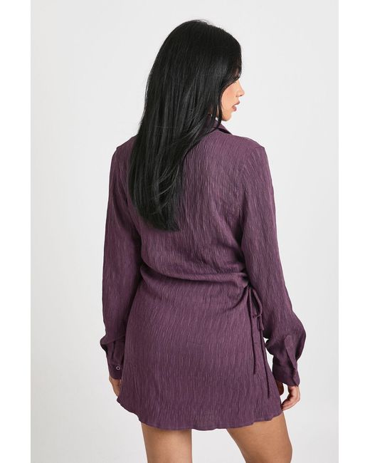 Boohoo Purple Textured Ruched Shirt Dress