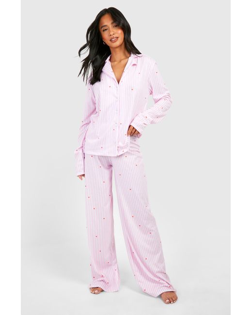 Boohoo Pink Petite Love Heart Pinstripe Pyjama Set