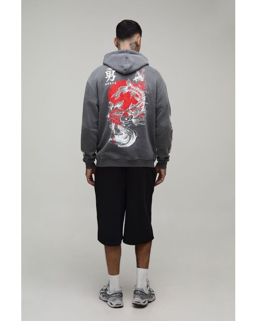 BoohooMAN Gray Tall Washed Oversized Dragon Floral Printed Hoodie Cotton for men