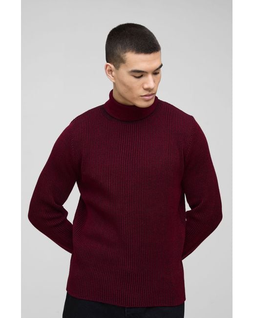 BoohooMAN Red Regular Fit Funnel Neck Plated Ribbed Knit Jumper for men