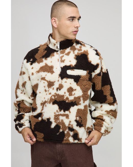 BoohooMAN Brown Oversized Boxy Borg Cow Print Quarter Zip Funnel Sweatshirt for men