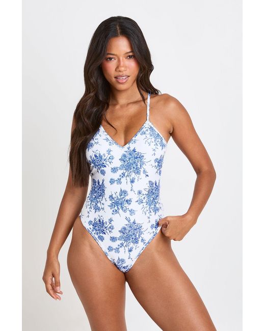 Boohoo Blue Floral Print Plunge Swimsuit